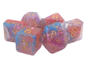 Old School 7 Piece DnD RPG Dice Set: Particles - Blue, Pink & Orange Mist