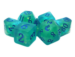 Old School 7 Piece DnD RPG Dice Set: Infused - Frosted Firefly - Cyan w/ Blue