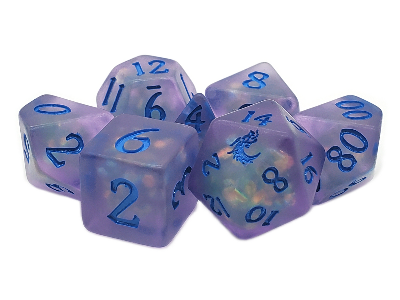 Old School 7 Piece DnD RPG Dice Set: Infused - Frosted Firefly - Lavender w/ Blue