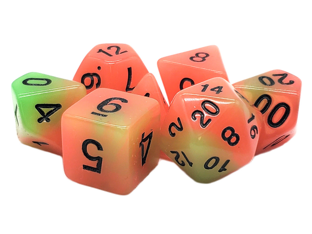 Old School 7 Piece DnD RPG Dice Set: Glow Dice - Green & Orange