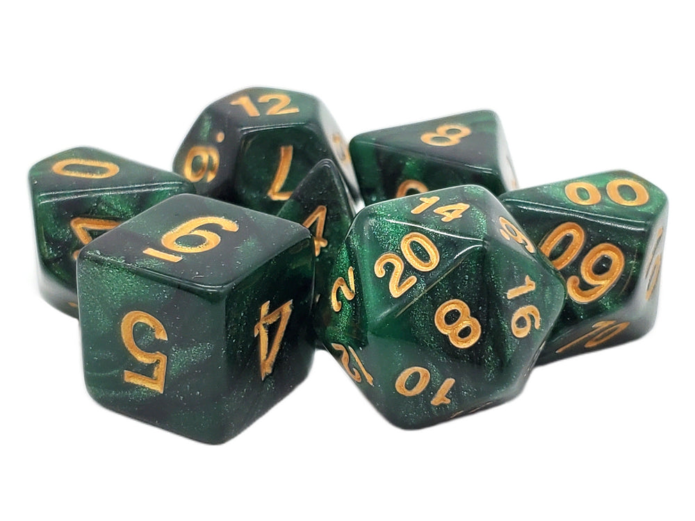 Old School 7 Piece DnD RPG Dice Set: Galaxy - Green & Black