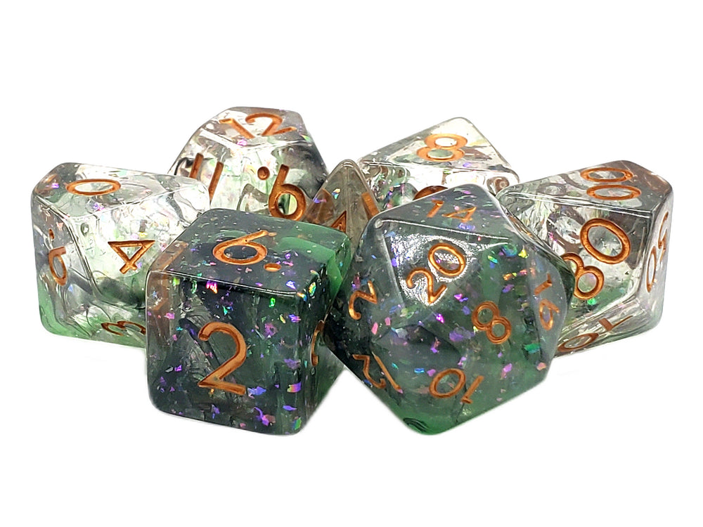 Old School 7 Piece DnD RPG Dice Set: Particles - Green & Black Mist