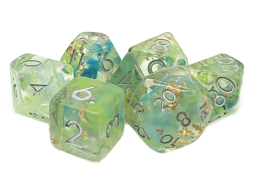 Old School 7 Piece DnD RPG Dice Set: Particles - Blue & Green Mist