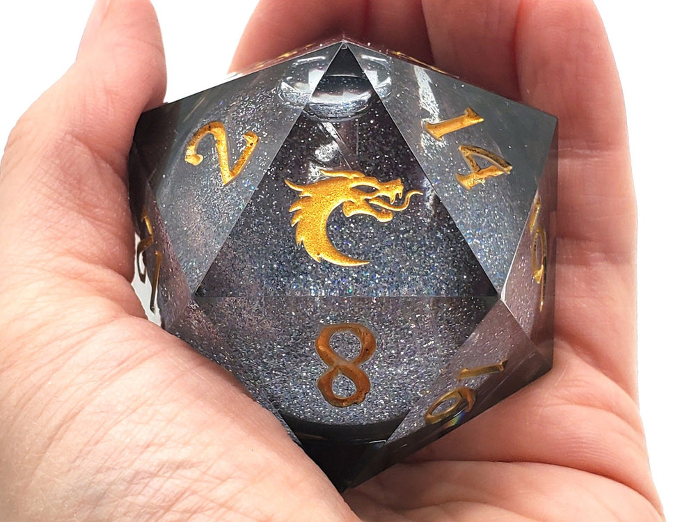 Old School Dice: Sharp Edged 55mm D20 - Liquid Infused - Obsidian Fury