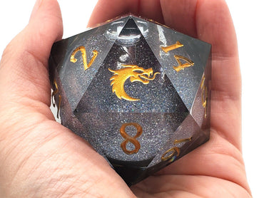 Old School Dice: Sharp Edged 55mm D20 - Liquid Infused - Obsidian Fury