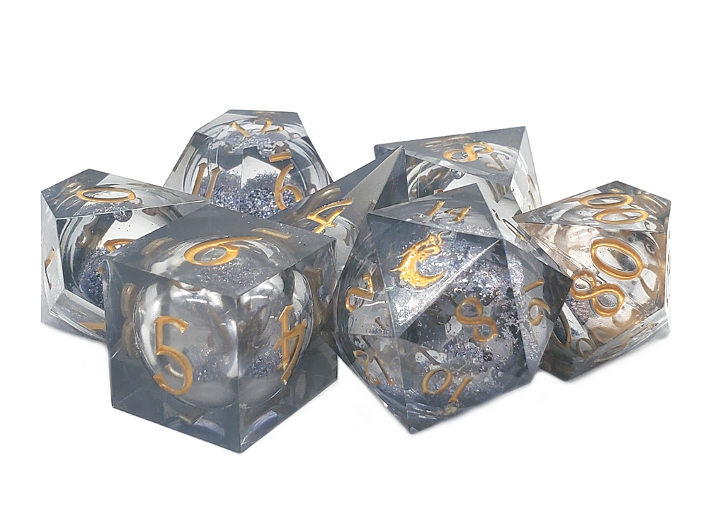 Old School Dice: Sharp Edged 7-Piece Dice Set - Liquid Infused - Obsidian Fury