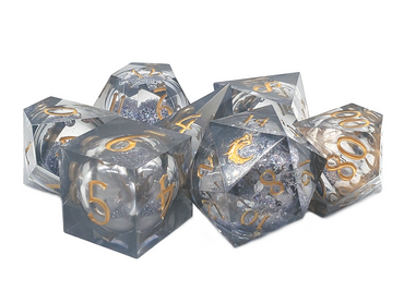 Old School Dice: Sharp Edged 7-Piece Dice Set - Liquid Infused - Obsidian Fury