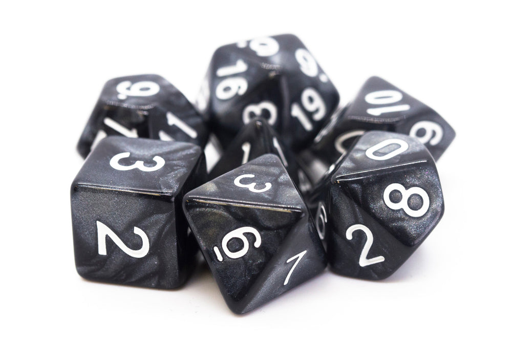 Old School 7 Piece DnD RPG Dice Set: Pearl Drop - Black