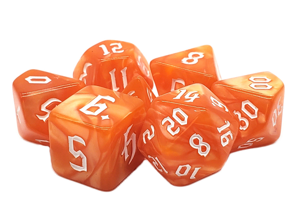 Old School 7 Piece DnD RPG Dice Set: Pearl Drop - Orange