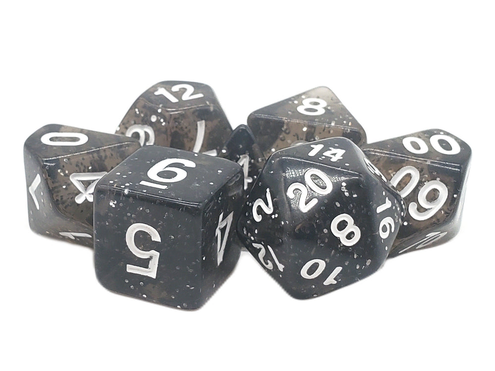 Old School 7 Piece DnD RPG Dice Set: Sparkle - Translucent Black
