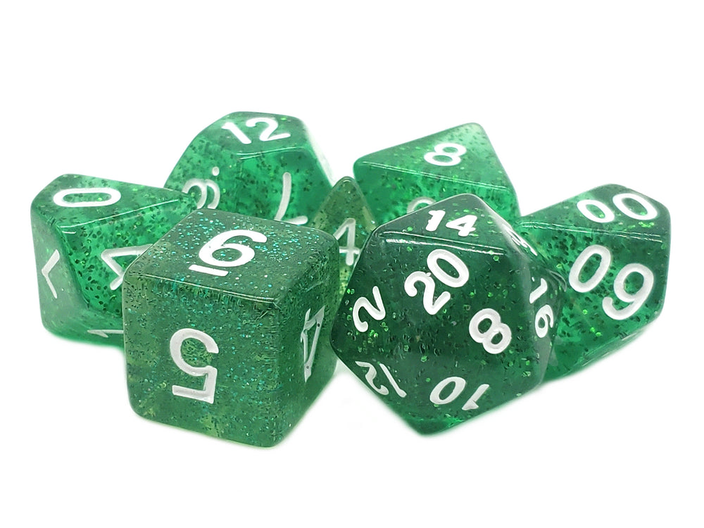 Old School 7 Piece DnD RPG Dice Set: Sparkle - Translucent Green