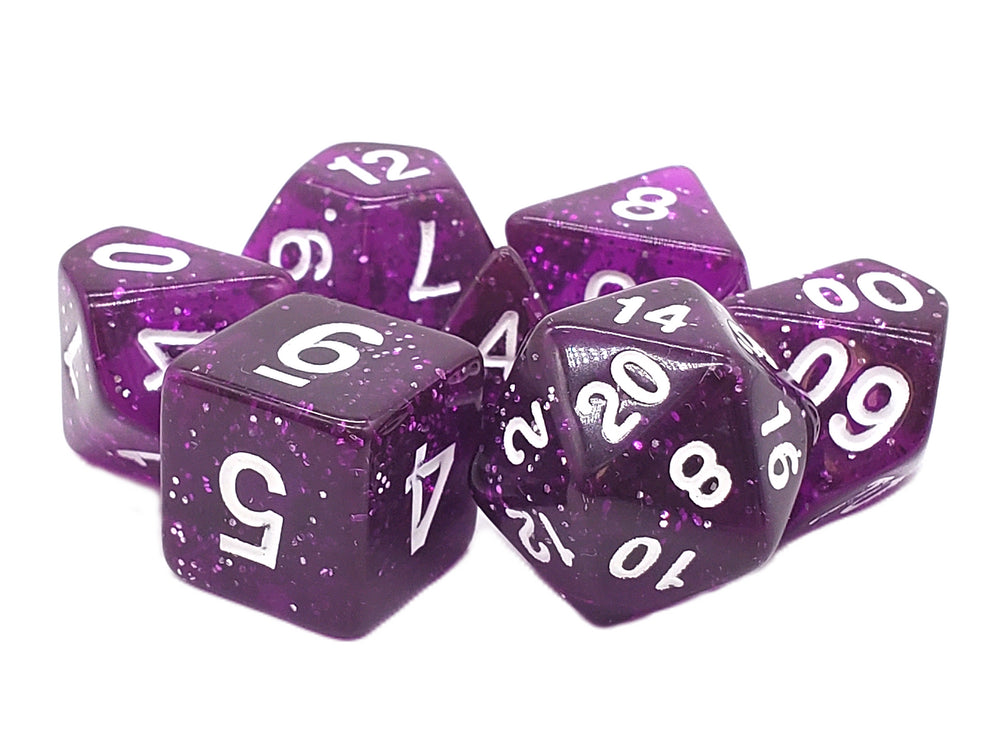 Old School 7 Piece DnD RPG Dice Set: Sparkle - Translucent Purple