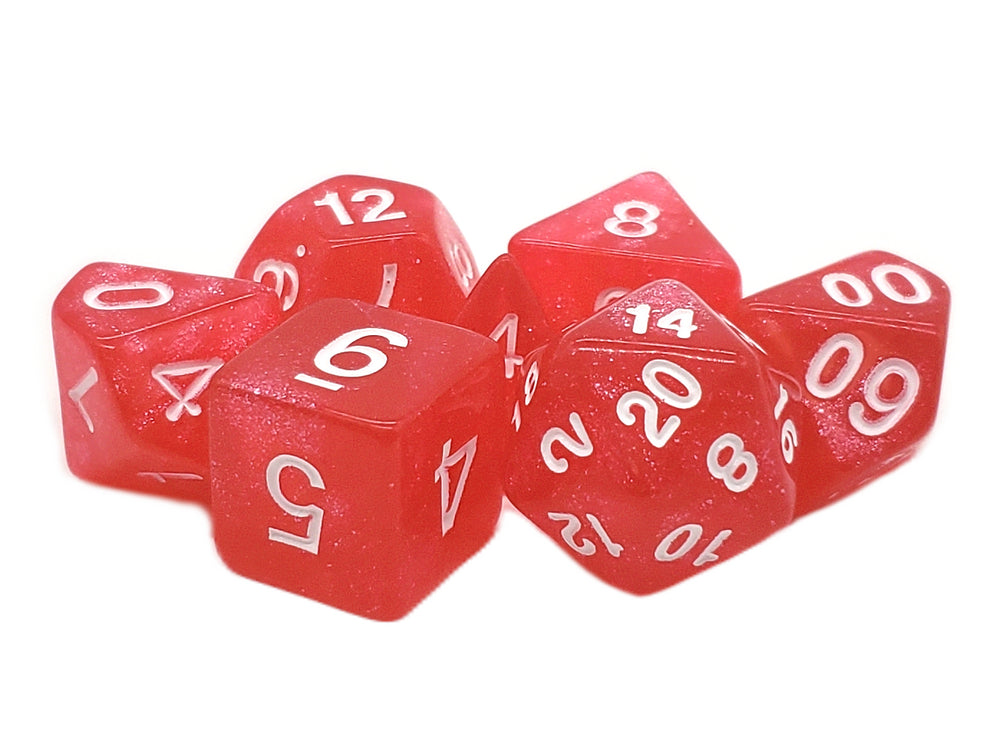 Old School 7 Piece DnD RPG Dice Set: Sparkle - Translucent Red