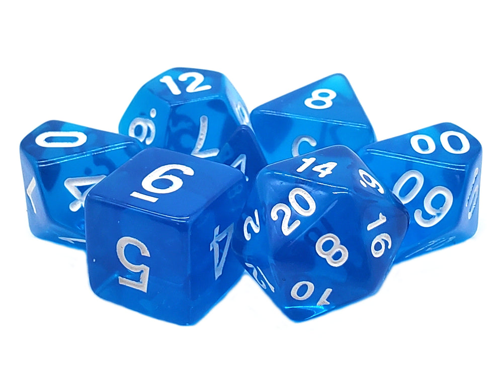 Old School 7 Piece DnD RPG Dice Set: Translucent Blue