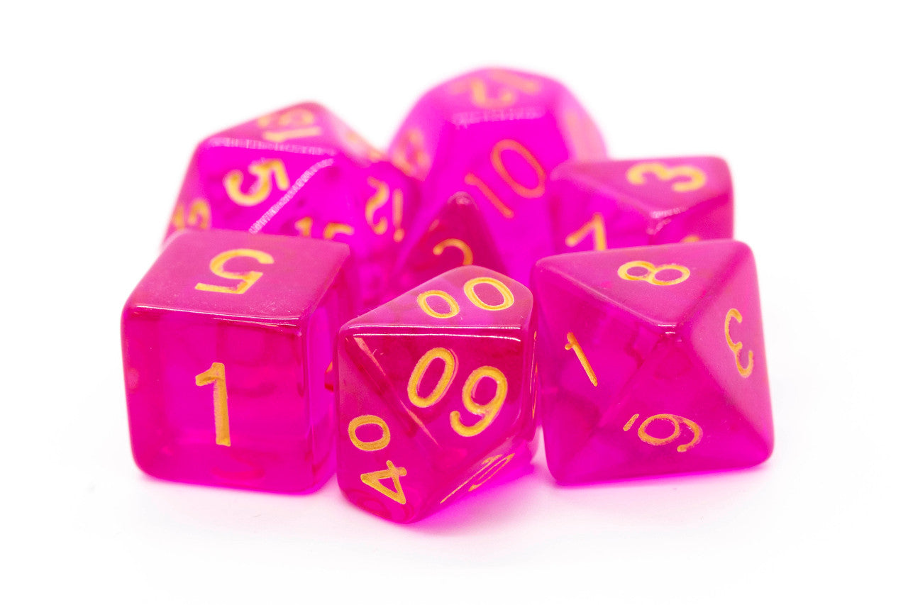 Old School 7 Piece DnD RPG Dice Set: Translucent Magenta w/ Gold