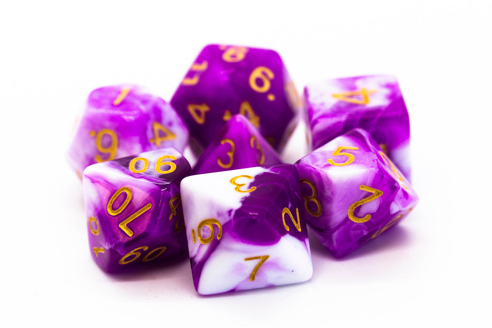 Old School 7 Piece DnD RPG Dice Set: Vorpal - Purple & White w/ Gold